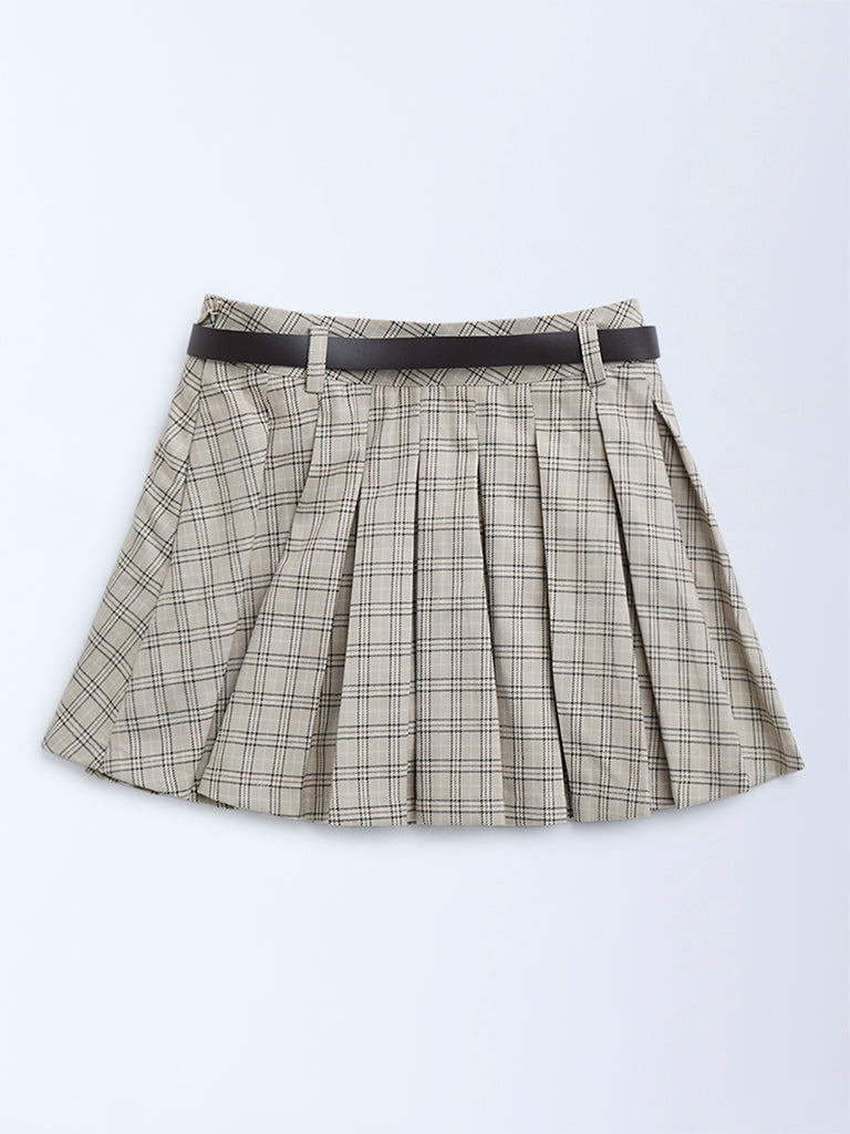 Buy Y&F Kids Taupe Checkered High-Rise Skirt with Belt from Westside - Main Image