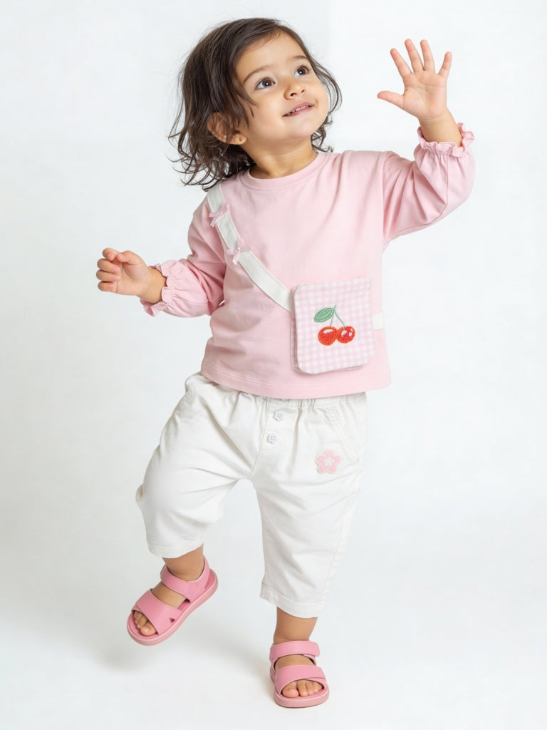 HOP Baby Girls White Solid High-Rise Cotton-Blend Pants
