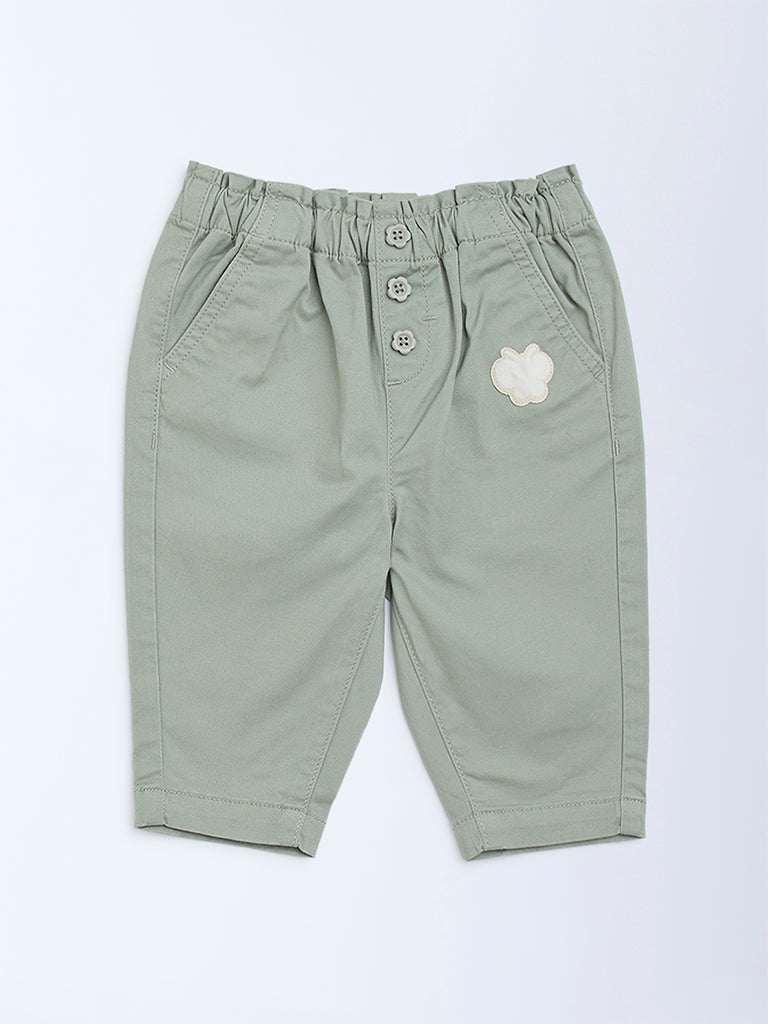 HOP Baby Girls Sage Solid High-Rise Cotton-Blend Pants