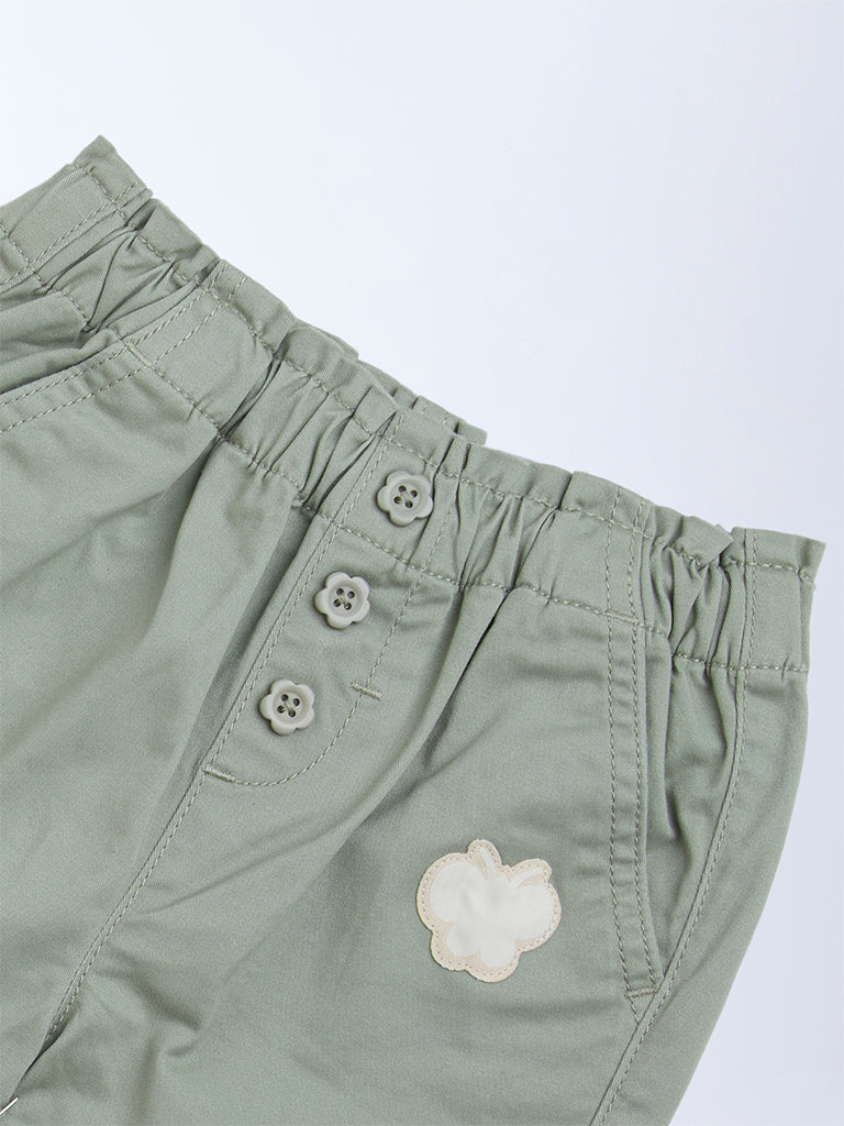 HOP Baby Girls Sage Solid High-Rise Cotton-Blend Pants