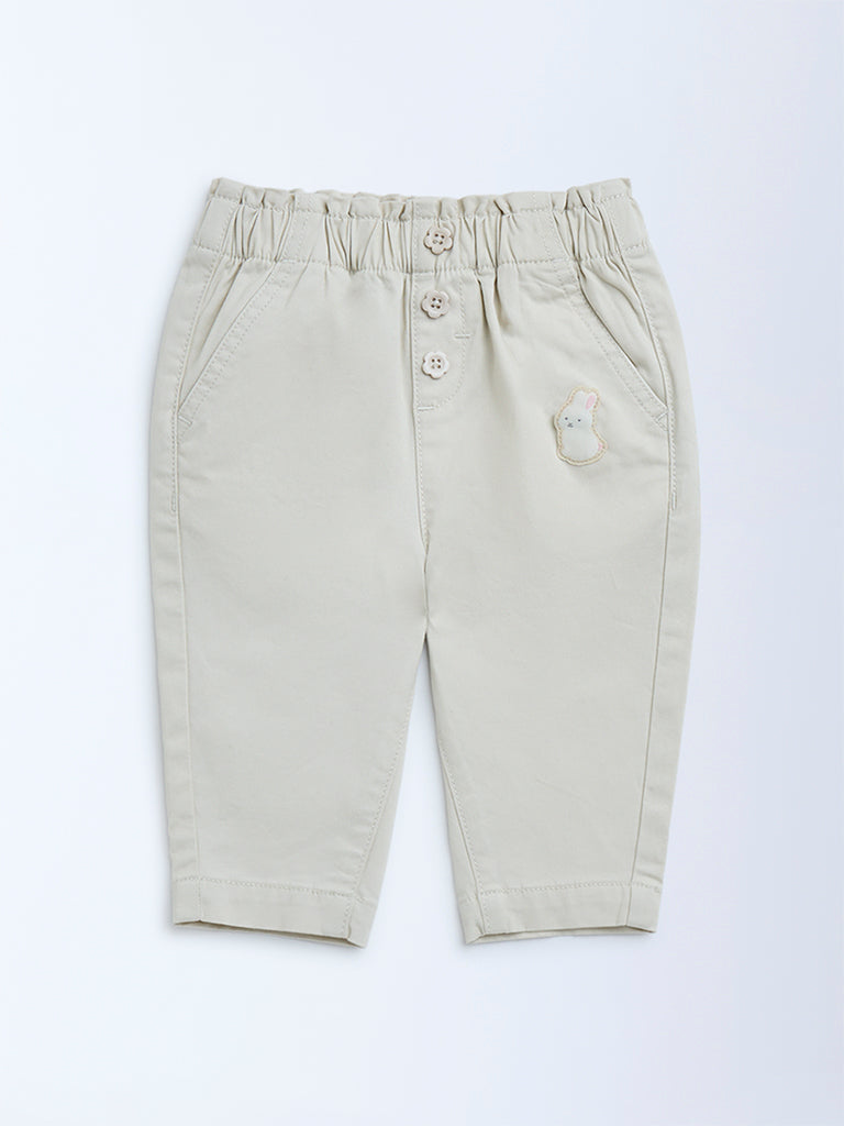 HOP Baby Girls Beige High-Rise Cotton-Blend Pants
