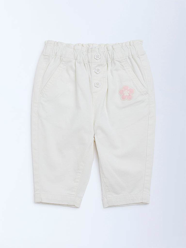 HOP Baby Girls White Solid High-Rise Cotton-Blend Pants