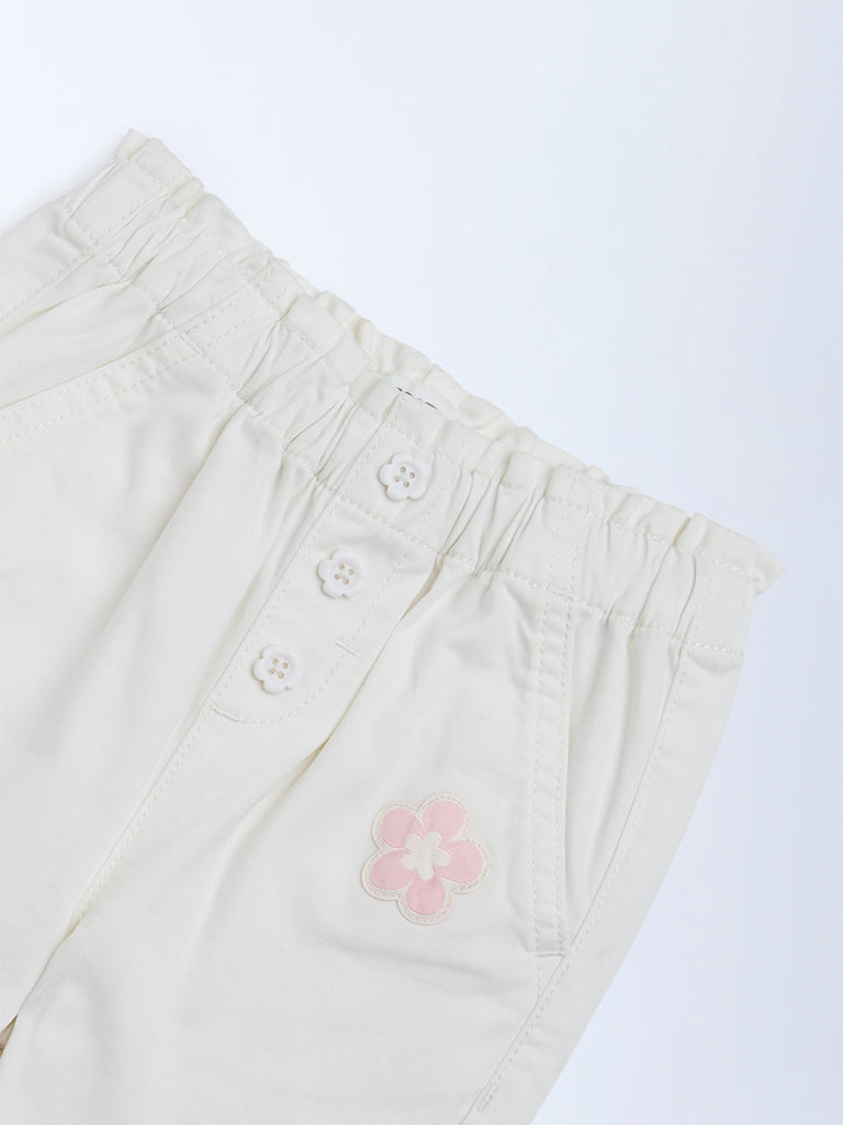 HOP Baby Girls White Solid High-Rise Cotton-Blend Pants