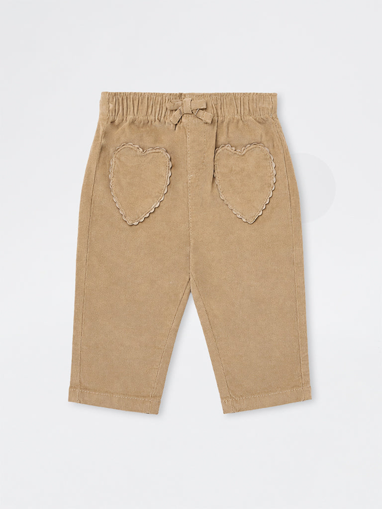 HOP Baby Girls Dark Taupe Corduroy High-Rise Cotton-Blend Trousers