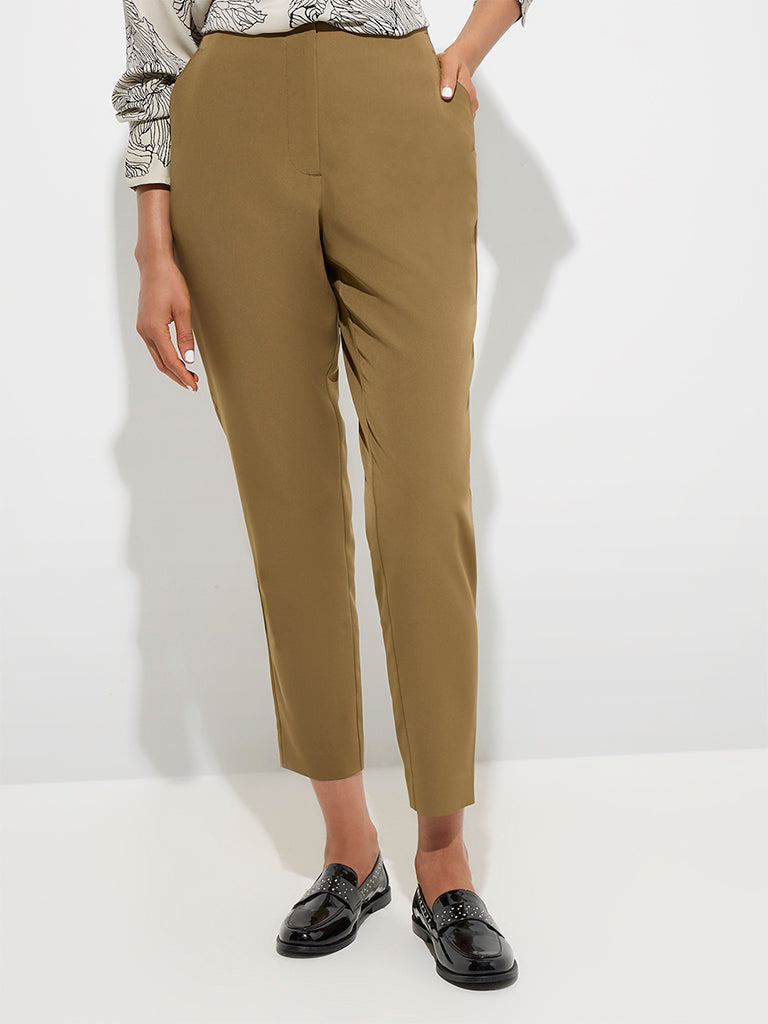 Westside Wardrobe Women's Khaki Slim-Fit High-Rise Trousers for Work Wear Front View