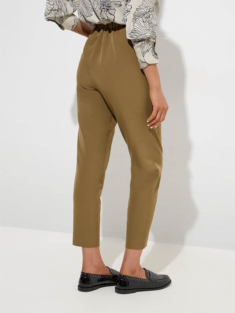 Westside Wardrobe Women's Khaki Slim-Fit High-Rise Trousers for Work Wear Back View
