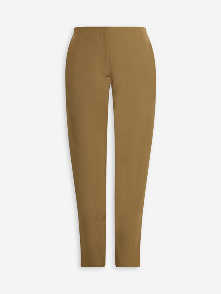 Westside Wardrobe Women's Khaki Slim-Fit High-Rise Trousers for Work Wear Flatly