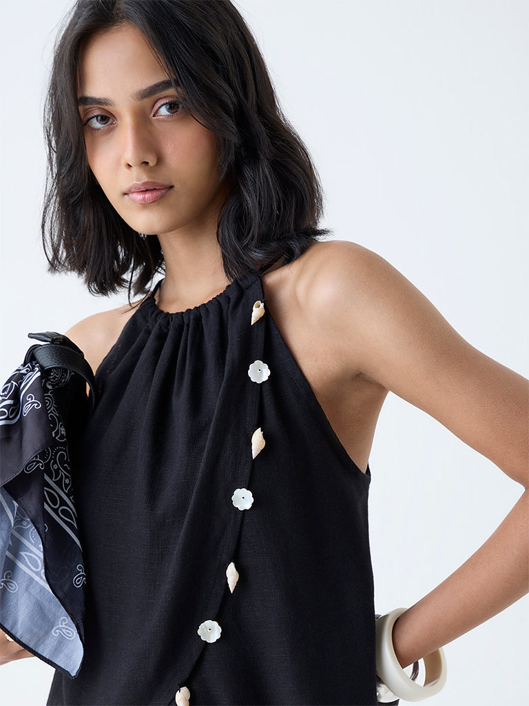 Westside LOV Women's Black Sea-Shell Design Linen-Blend Top for Casual Wear Zoomed View