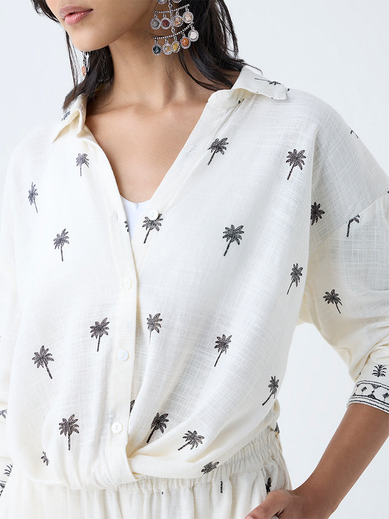 Westside LOV Women's Off-White Tropical-Inspired Linen-Blend Shirt for Casual Wear Zoomed View