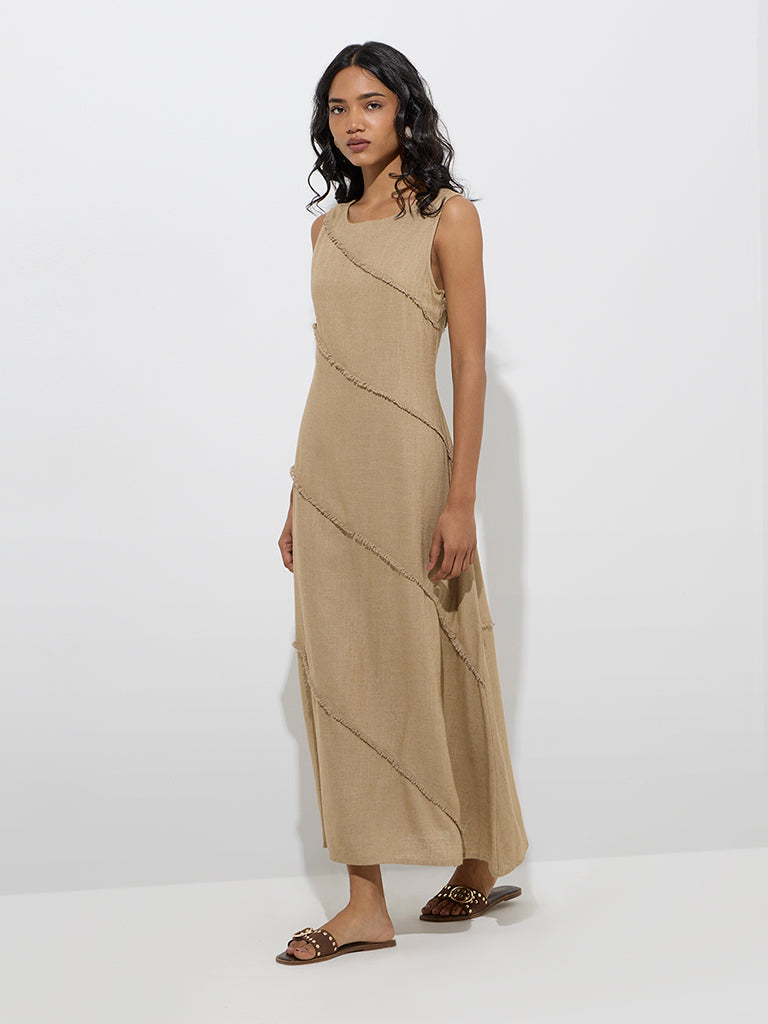 Westside LOV Women's Taupe Fringe-Detailed A-Line Dress for Casual Wear Front View