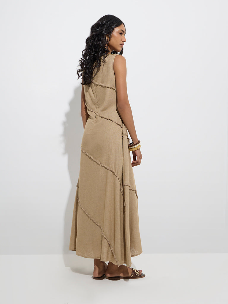 Westside LOV Women's Taupe Fringe-Detailed A-Line Dress for Casual Wear Back View