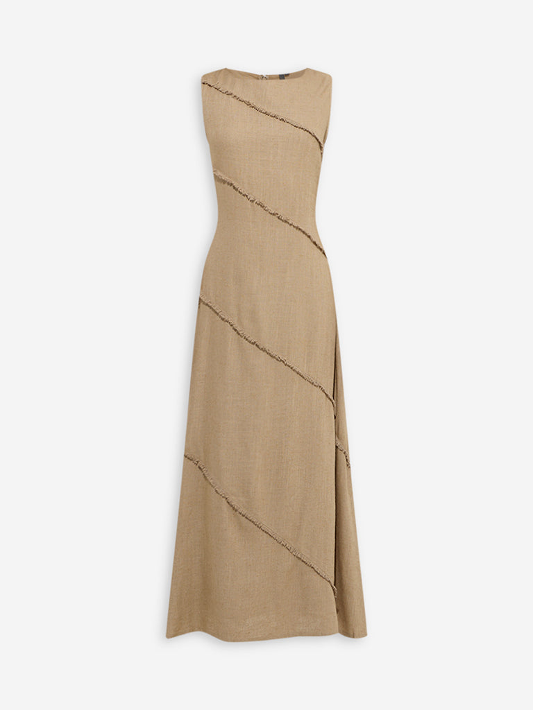 Westside LOV Women's Taupe Fringe-Detailed A-Line Dress for Casual Wear Flatly View