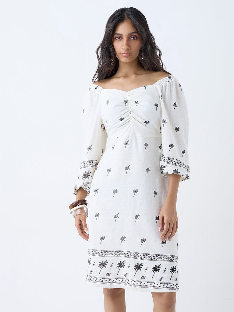 LOV Off-White Tropical-Inspired Linen-Blend Off-Shoulder Dress