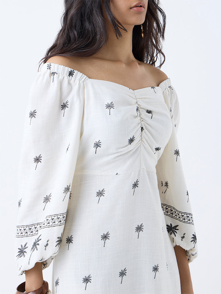 LOV Off-White Tropical-Inspired Linen-Blend Off-Shoulder Dress