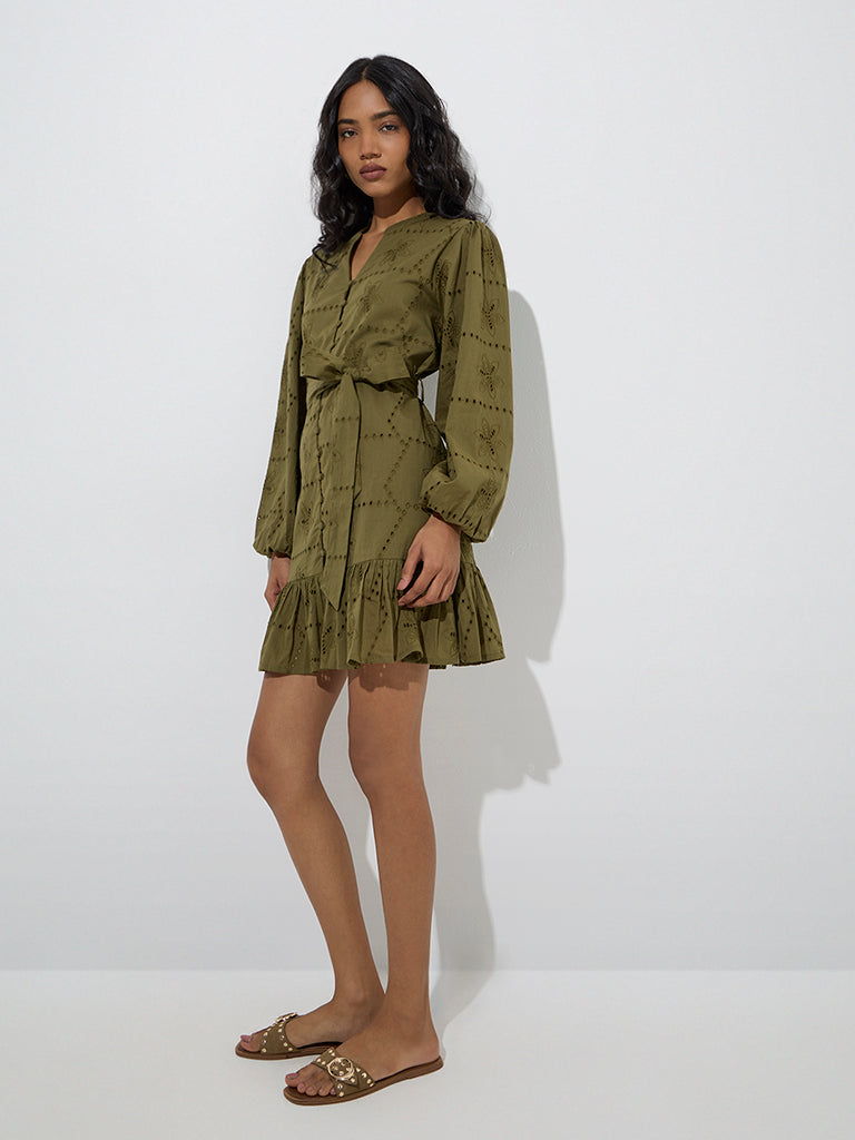 Westside LOV Women's Olive Schiffli Detailed Cotton Tiered Dress with Belt for Casual Wear Full Model View