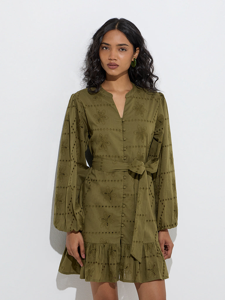 Westside LOV Women's Olive Schiffli Detailed Cotton Tiered Dress with Belt for Casual Wear Front View
