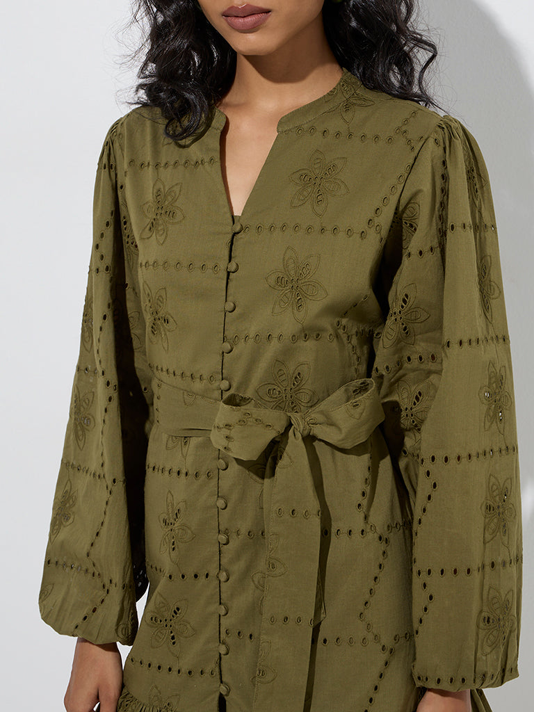 Westside LOV Women's Olive Schiffli Detailed Cotton Tiered Dress with Belt for Casual Wear Zoom View