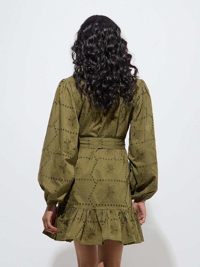 Westside LOV Women's Olive Schiffli Detailed Cotton Tiered Dress with Belt for Casual Wear Back View