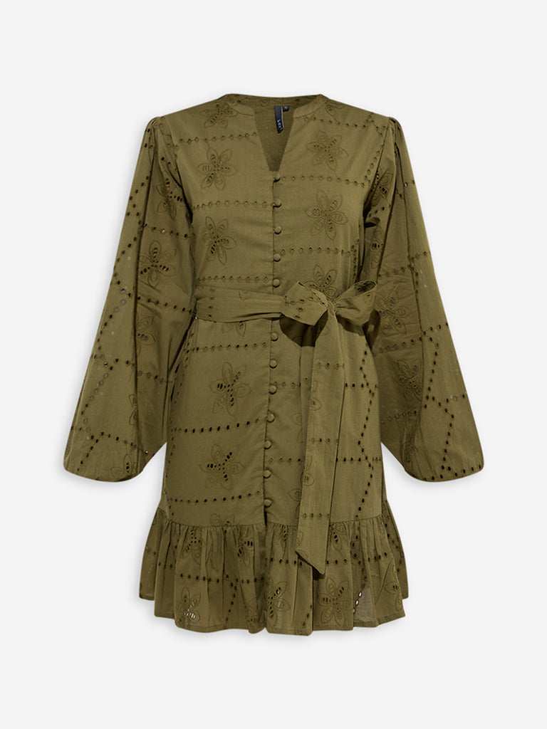 Westside LOV Women's Olive Schiffli Detailed Cotton Tiered Dress with Belt for Casual Wear Flatly View