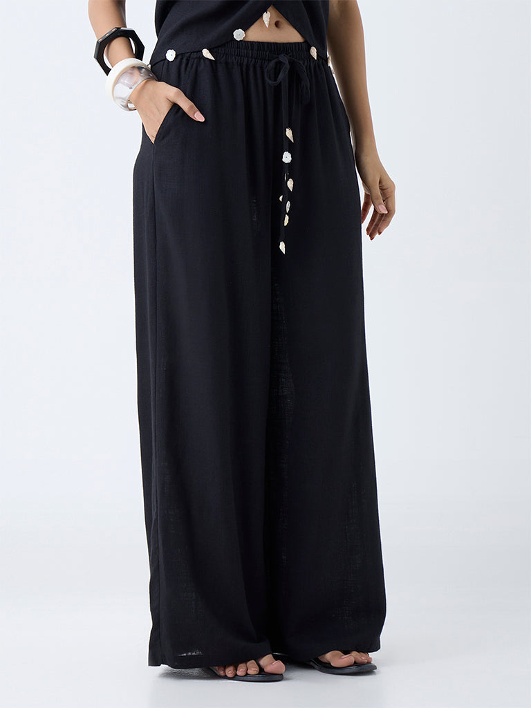 Westside LOV Women's Black Solid Wide-Leg High-Rise Linen-Blend Pants for Casual Wear Front view