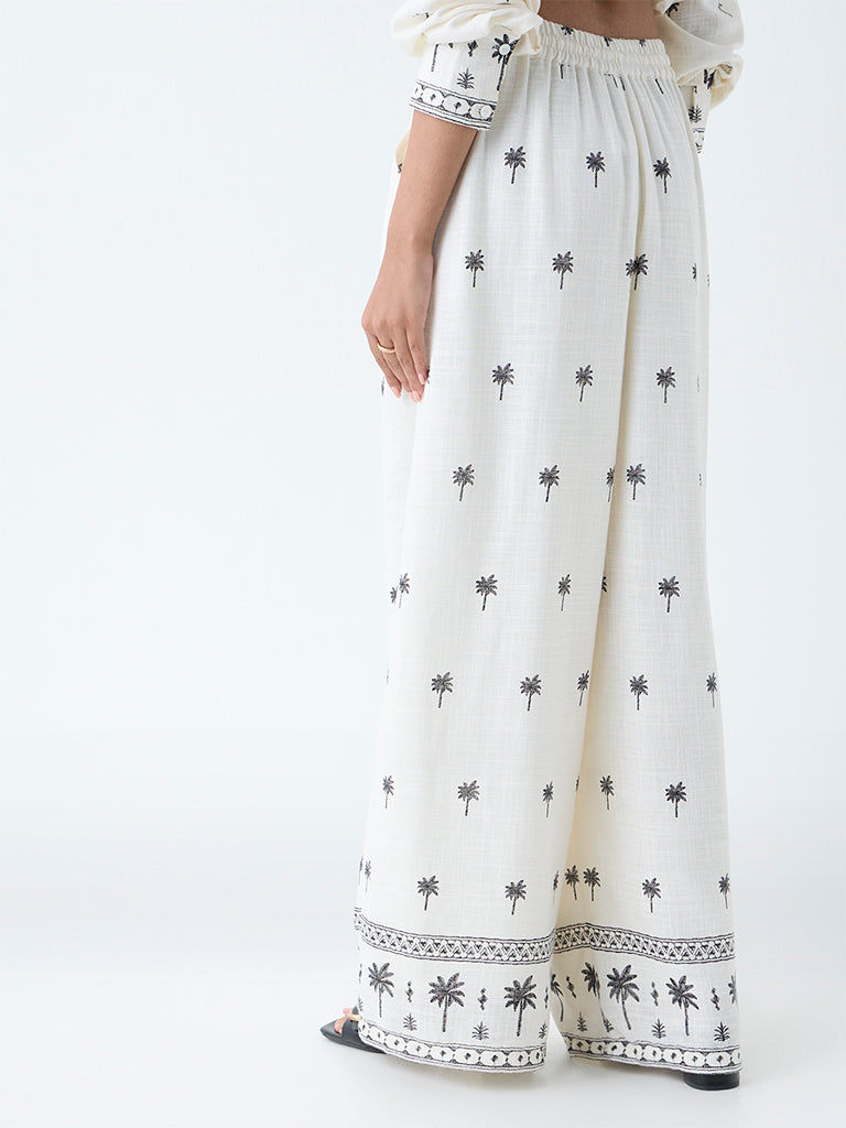 Westside LOV Women's Off-White Tropical High-Rise Linen-Blend Pants for Casual Wear Back View