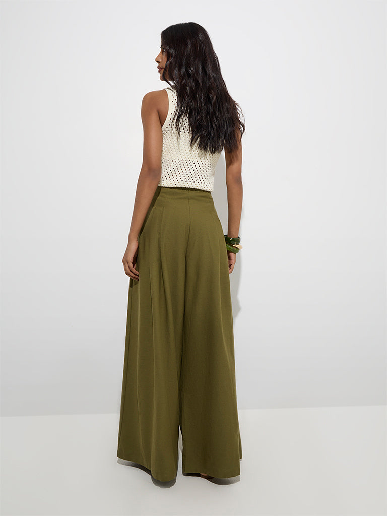 Buy LOV Olive Wide-Leg High-Rise Cotton-Blend Pants from Westside