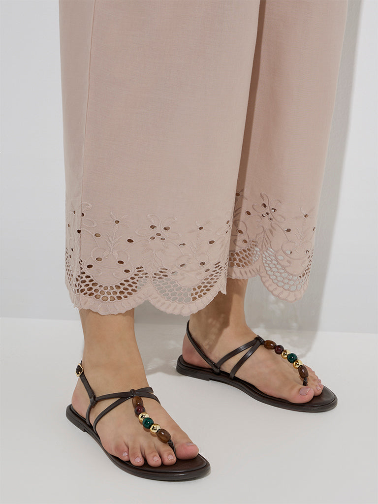 Westside Diza Women's Beige Schiffli Detailed Cotton Ethnic Pants for Work Wear Zoom View