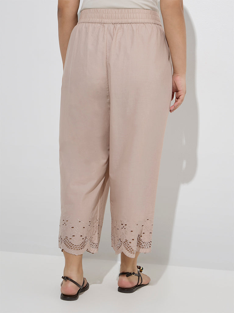 Westside Diza Women's Beige Schiffli Detailed Cotton Ethnic Pants for Work Wear Back View