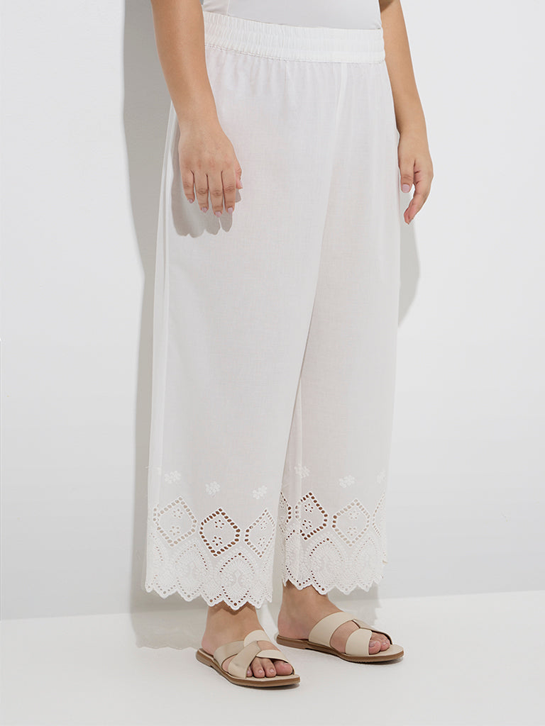 Diza White Schiffli Design Cotton Ethnic Pants