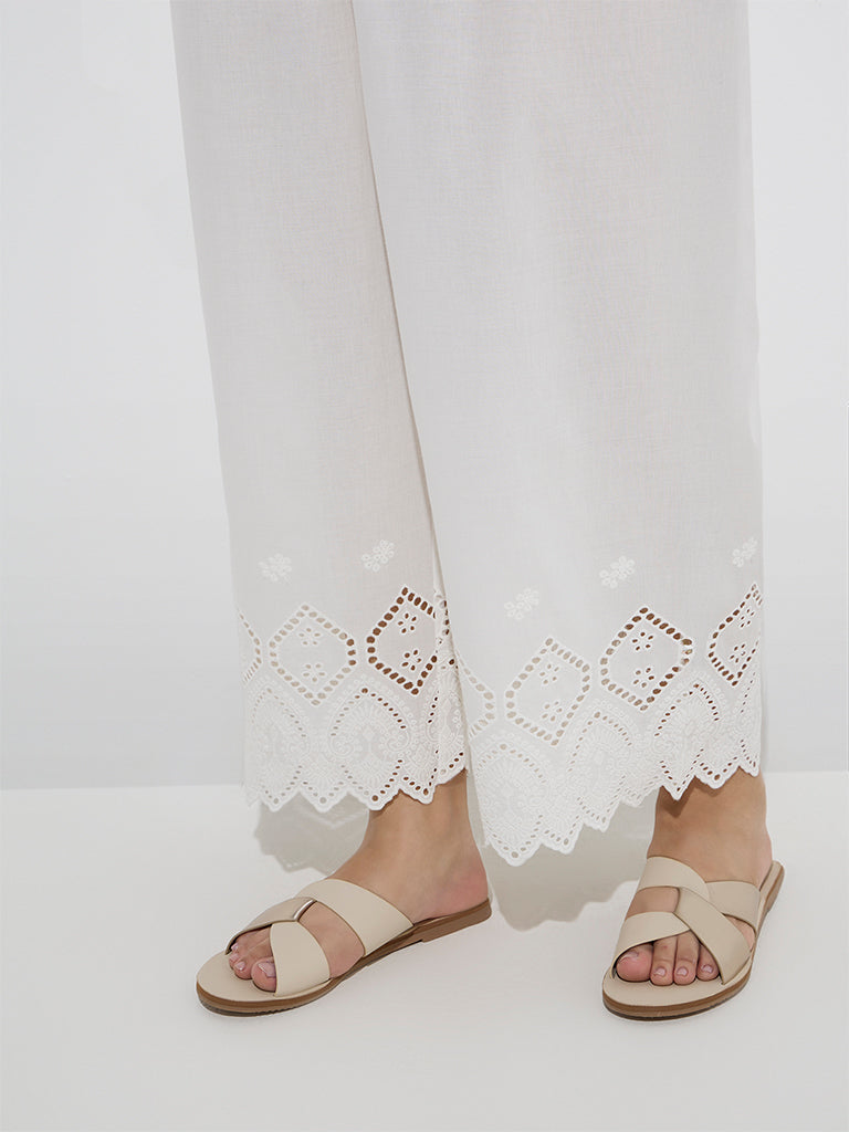 Diza White Schiffli Design Cotton Ethnic Pants