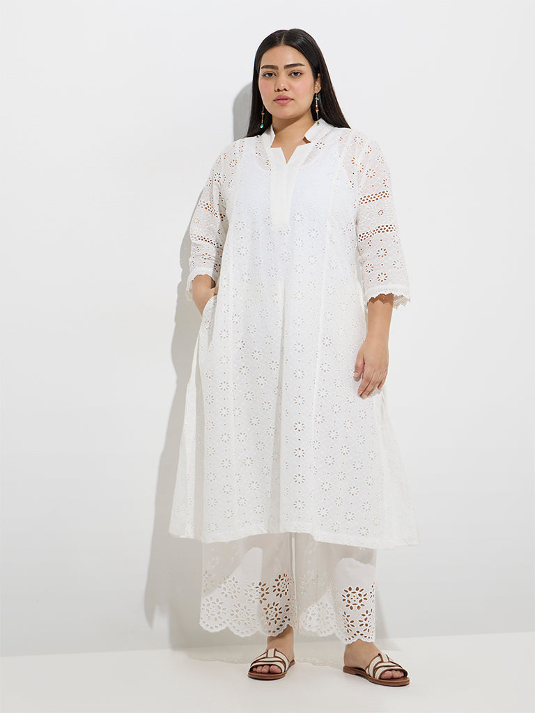 Westside Diza Women's White Schiffli Detailed Cotton Ethnic Pants for Work Wear Full Model View
