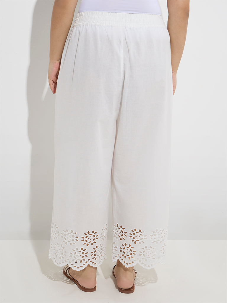 Diza White Schiffli Detailed Cotton Ethnic Pants