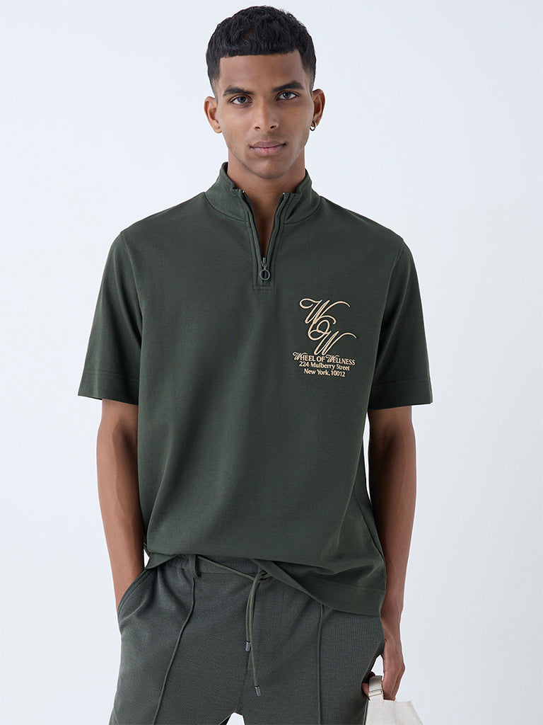 Westside Studiofit Men's Olive Text Quarter-Zip Relaxed-Fit T-Shirt for Sports Wear Front View