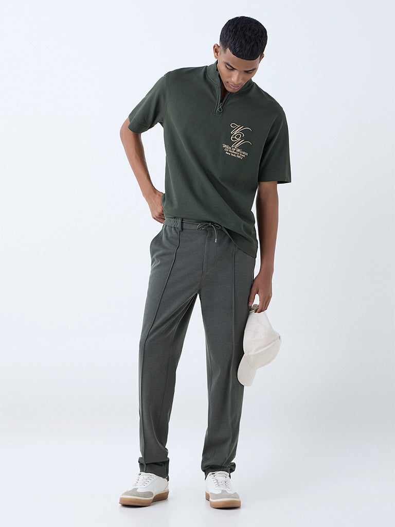 Westside Studiofit Men's Olive Text Quarter-Zip Relaxed-Fit T-Shirt for Sports Wear Full View