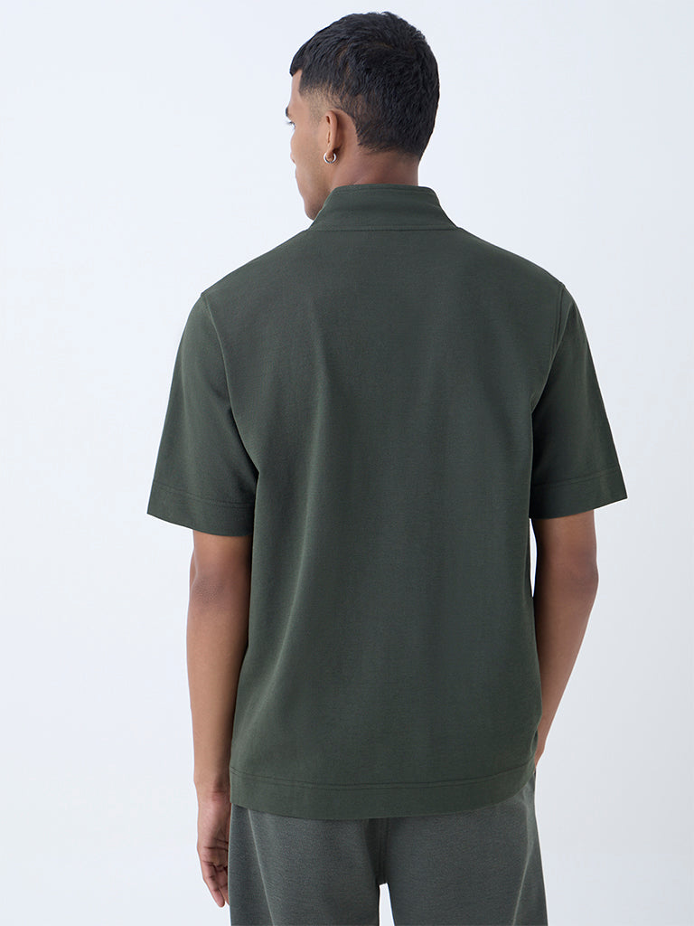 Westside Studiofit Men's Olive Text Quarter-Zip Relaxed-Fit T-Shirt for Sports Wear Back View