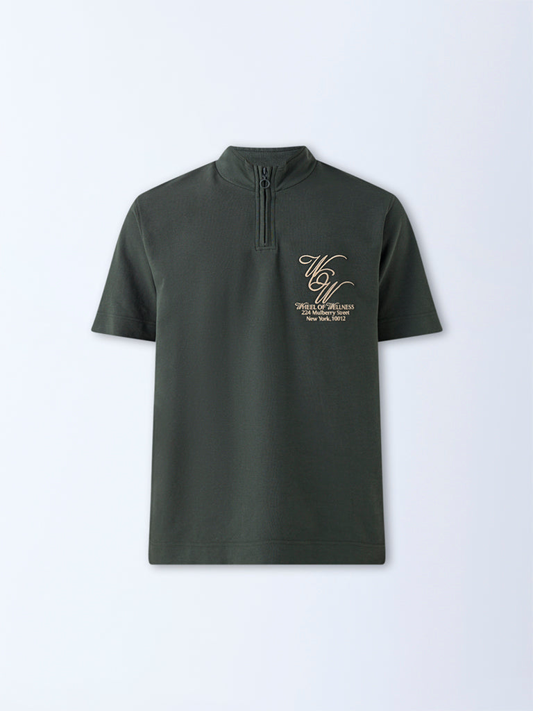 Westside Studiofit Men's Olive Text Quarter-Zip Relaxed-Fit T-Shirt for Sports Wear Flatly