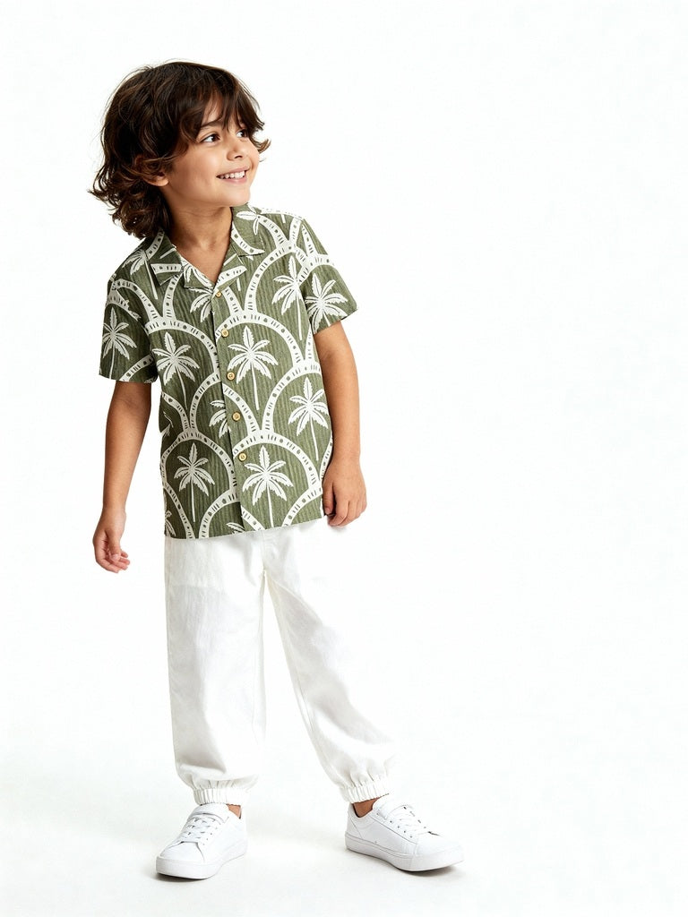 HOP Kids Boys Olive Tropical-Inspired Cotton-Blend Shirt