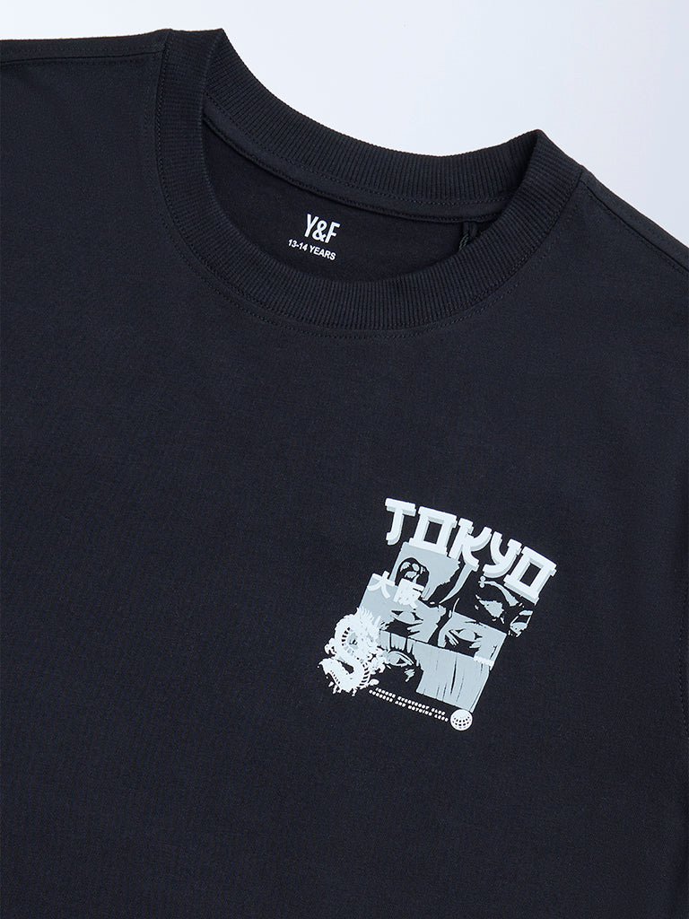 Westside Y&F Boy's Black Printed Cotton T-Shirt for Casual Wear Zoomed View