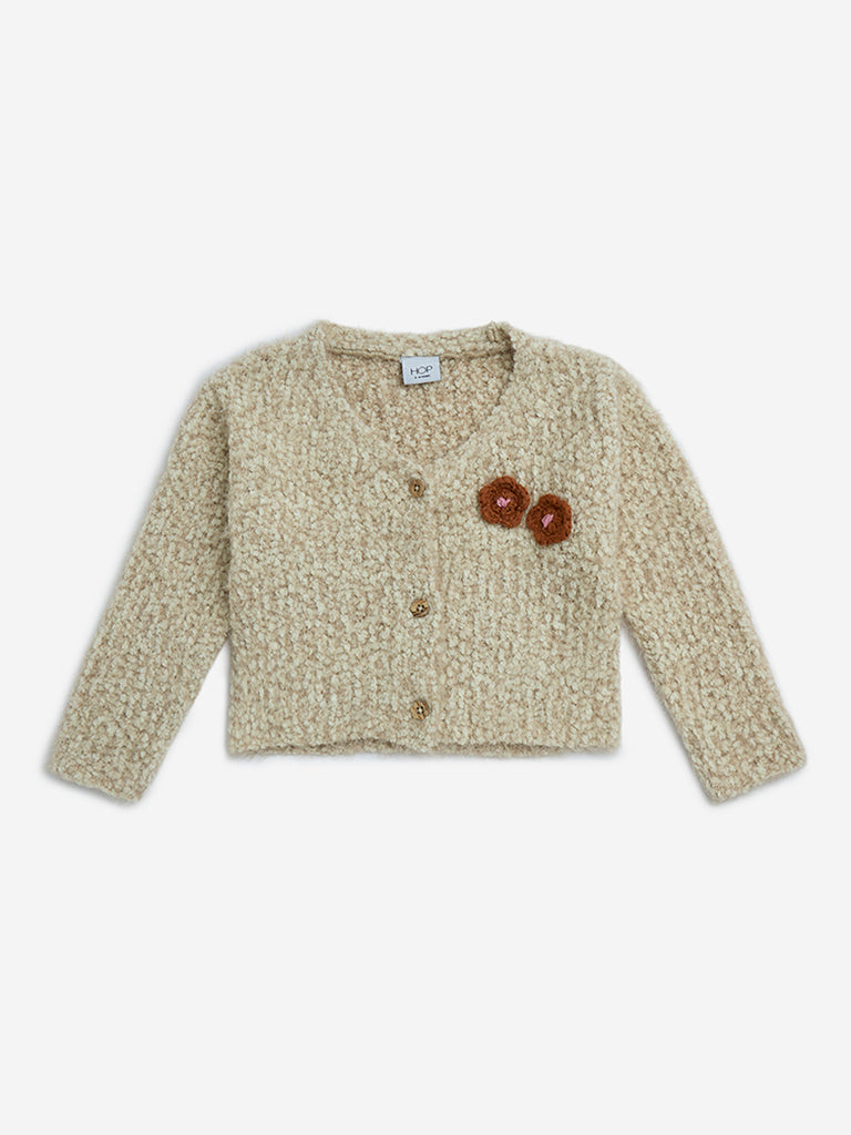 HOP Kids Girls Beige Floral Detailed Fleece Cardigan