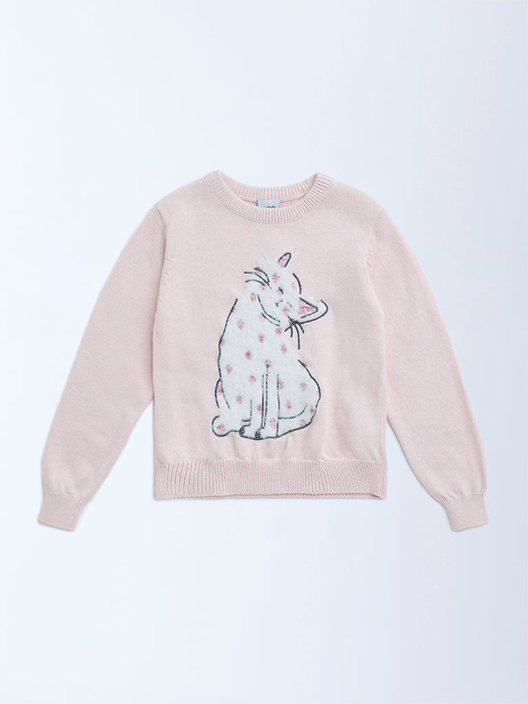 HOP Kids Girls Light Pink Animal Design Cotton Sweater