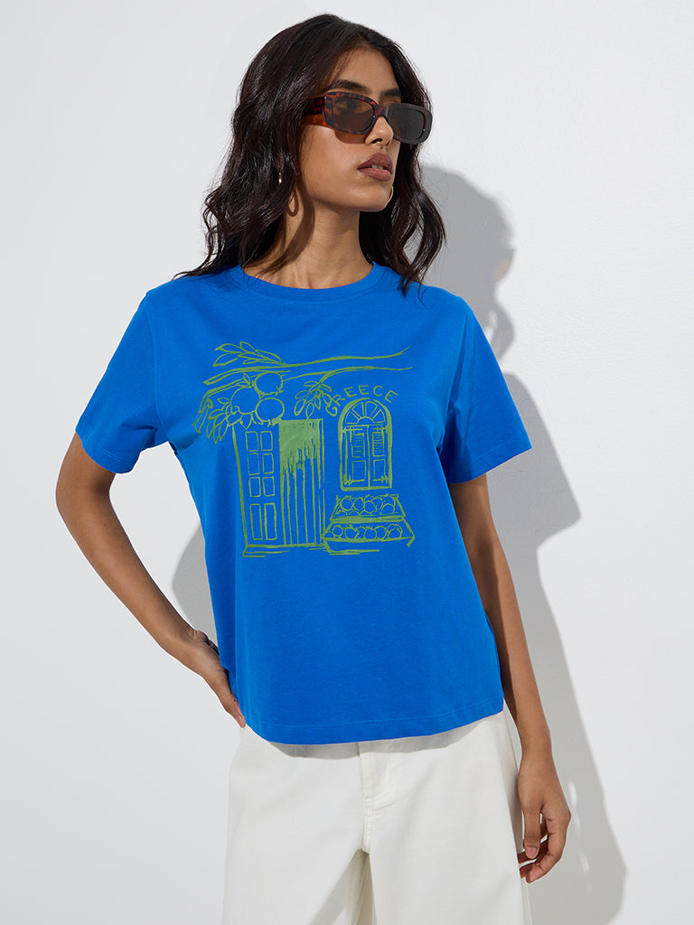 Westside LOV Women's Blue Scenic-Inspired Cotton T-Shirt for Casual Wear Front View
