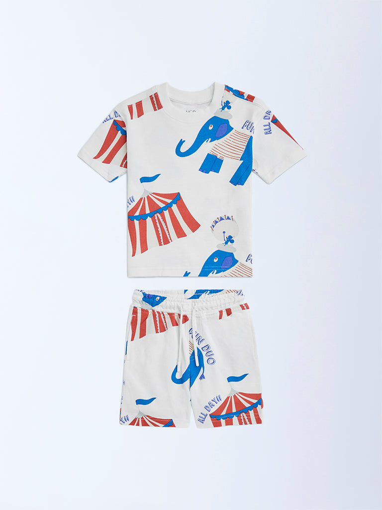 Westside HOP Kids White Circus-Themed Cotton T-Shirt and Shorts Set for Casual Wear Front View