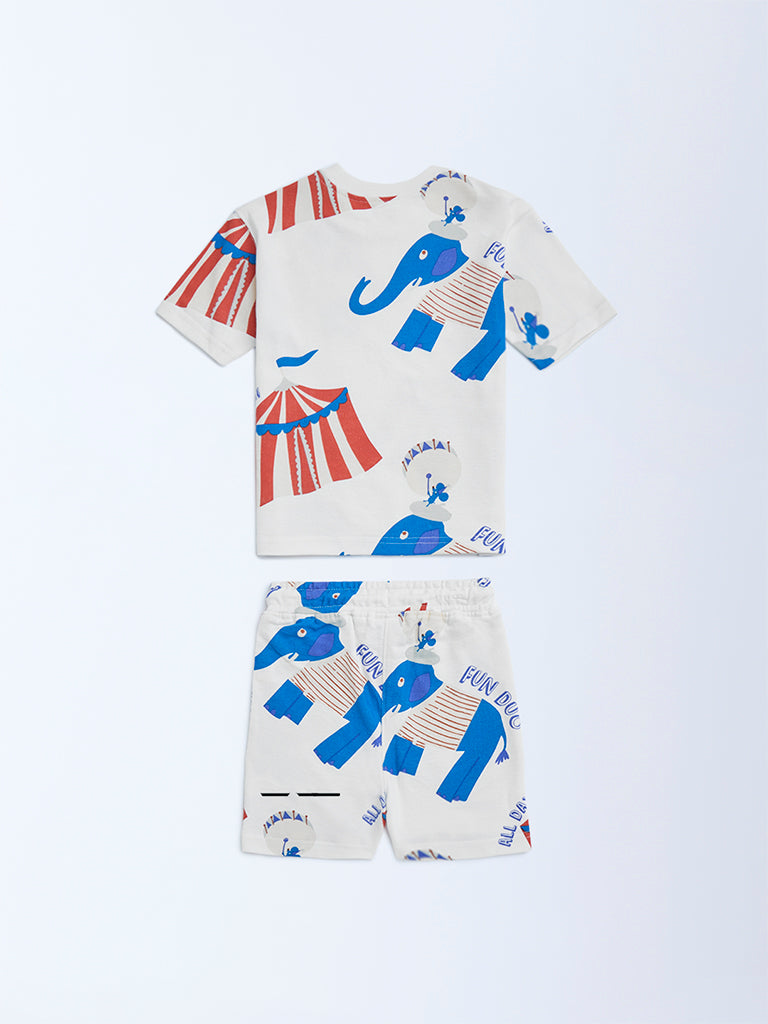 Westside HOP Kids White Circus-Themed Cotton T-Shirt and Shorts Set for Casual Wear Back View