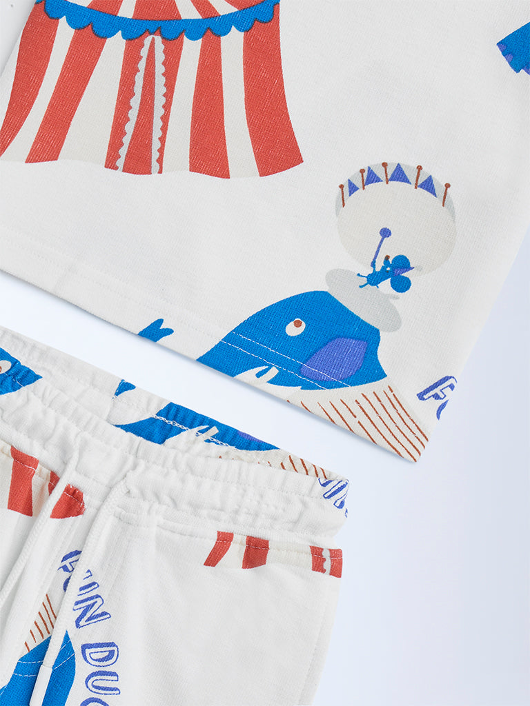 Westside HOP Kids White Circus-Themed Cotton T-Shirt and Shorts Set for Casual Wear Zoomed View