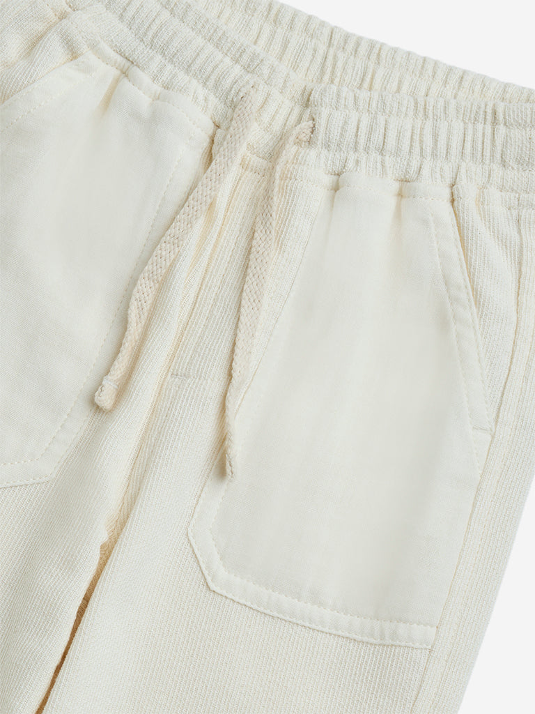 Buy HOP Kids Off-White Textured Mid-Rise Cotton Trousers