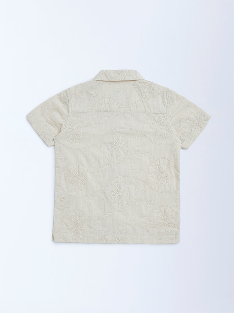 Westside HOP Kids Beige Embroidered Cotton Shirt for Casual Wear Back View