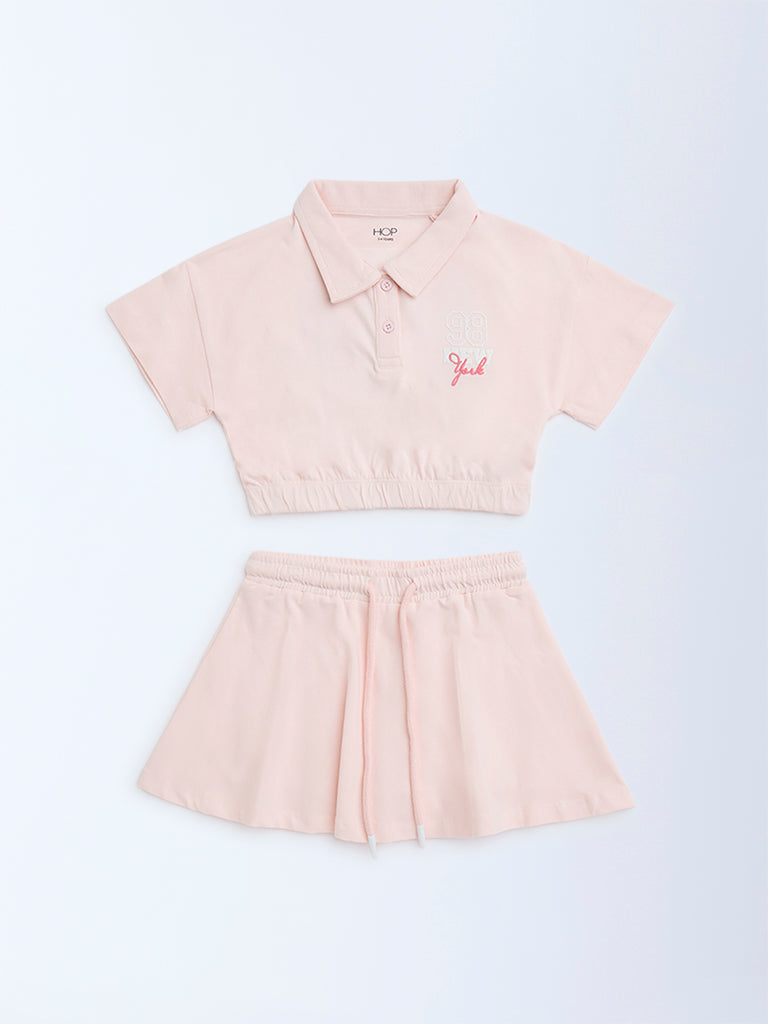 Westside HOP Kids Pink Printed Cotton Polo T-Shirt with Skirt Set for Casual Wear Front View