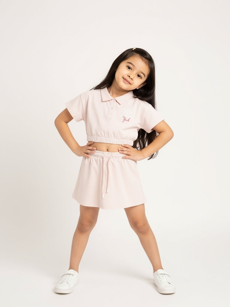 HOP Kids Girls Pink Printed Cotton Polo T-Shirt with Skirt Set