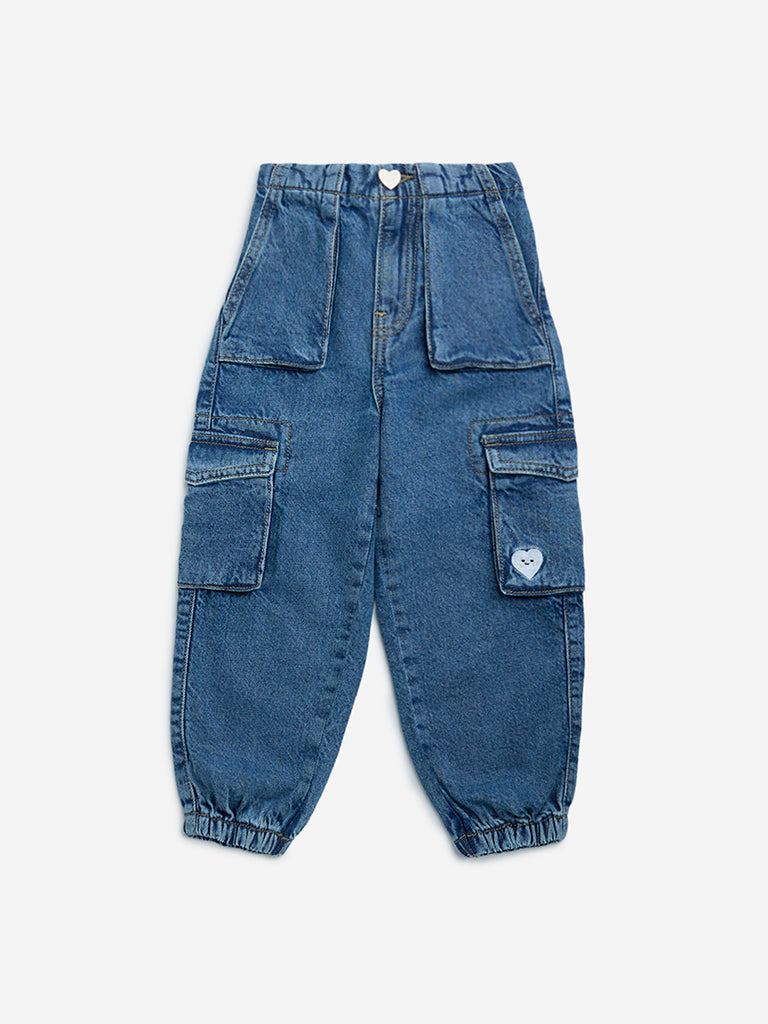Westside HOP Kids Dark Blue High-Rise Jogger-Style Jeans for Casual Wear Front View