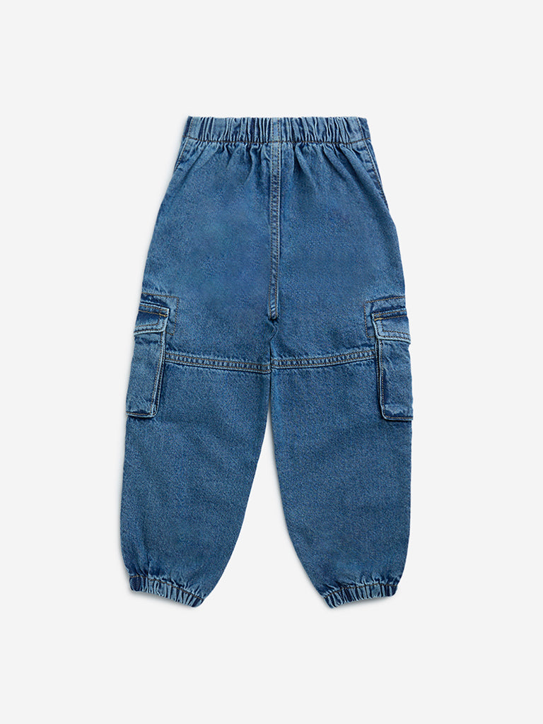 Westside HOP Kids Dark Blue High-Rise Jogger-Style Jeans for Casual Wear Back View